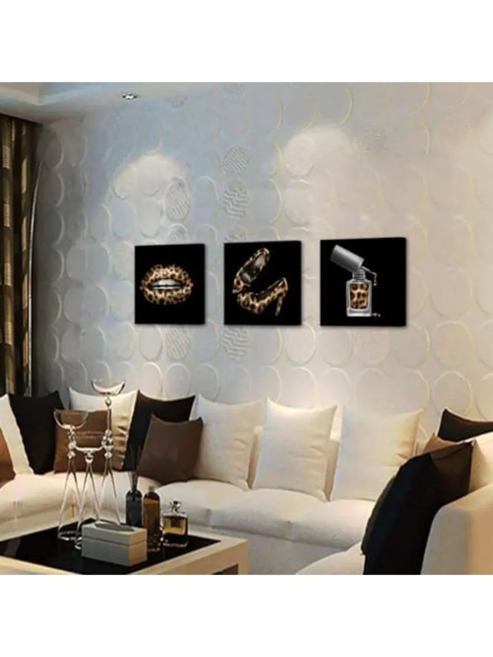 Chic Leopard Print & High Heels Wall Art Set - Modern Black Gold Decor, 3 Pieces